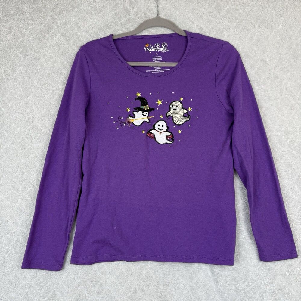 Halloween Ghosts Novelty Top Petite L Purple Embroidered Bling Grandma Holiday